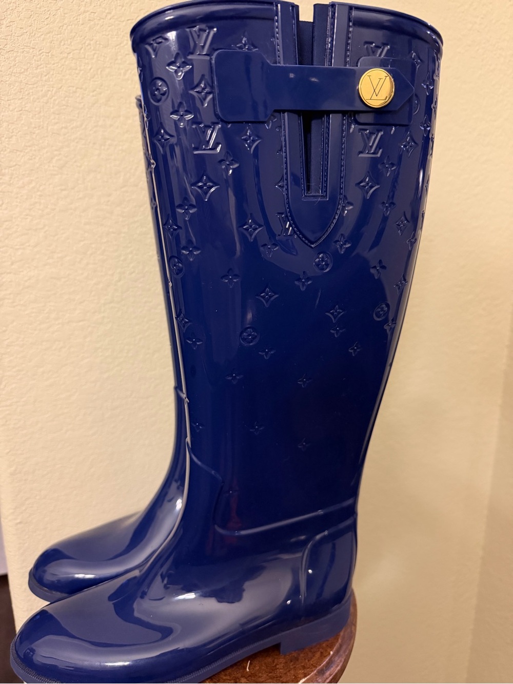 Louis Vuitton Navy Patent Monogram Tall Rain Boots with Gold Accent